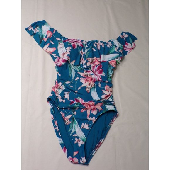 LA BLANCA Off Shoulder Flyaway Orchid Floral Print One Piece Swimsuit 16 NEW - Picture 3 of 7